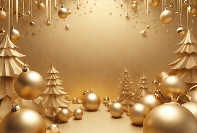 The primary subject of the image is a gold-colored Christmas tree, which is the main object in the scene. The setting is a gold-colored background, creating a warm and festive atmosphere. The visual style is a combination of photo and digital art, giving the image a unique and eye-catching appearance. The colors and mood are predominantly gold, which adds to the holiday theme and creates a sense of celebration.